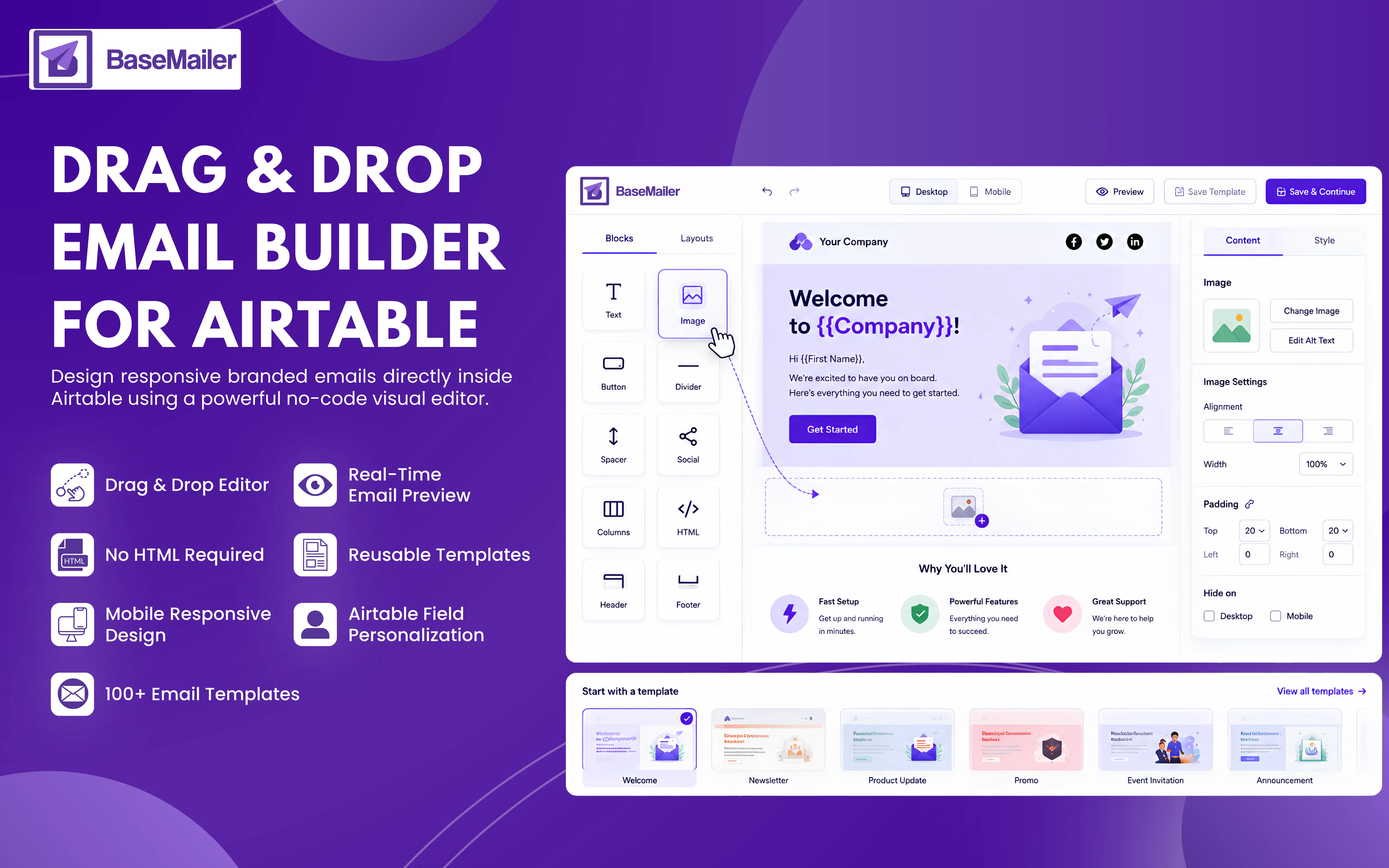 BaseMailer drag and drop email builder for Airtable, showing the visual editor with content blocks and templates