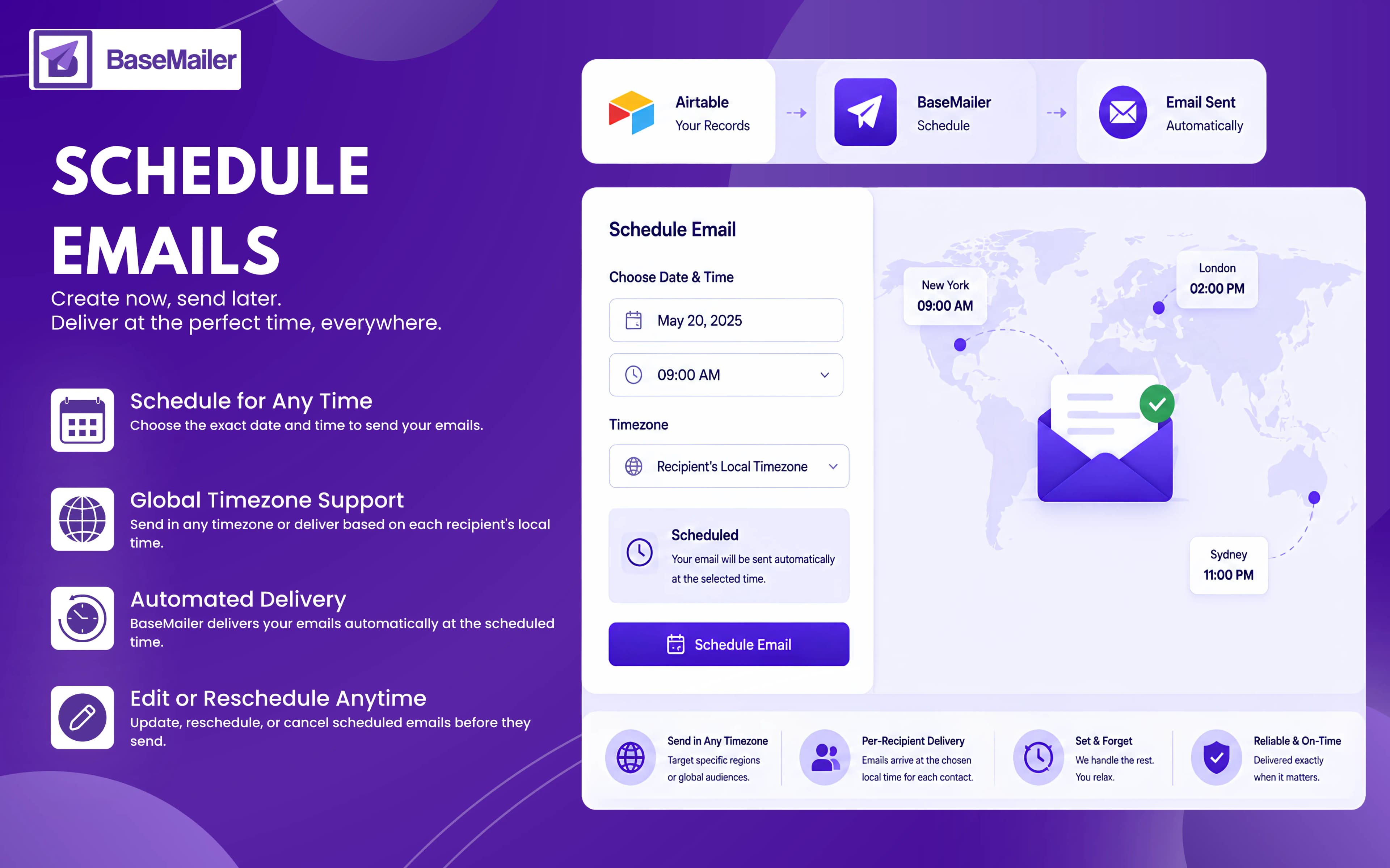 BaseMailer schedule emails interface inside Airtable with date, time, and per-recipient timezone delivery
