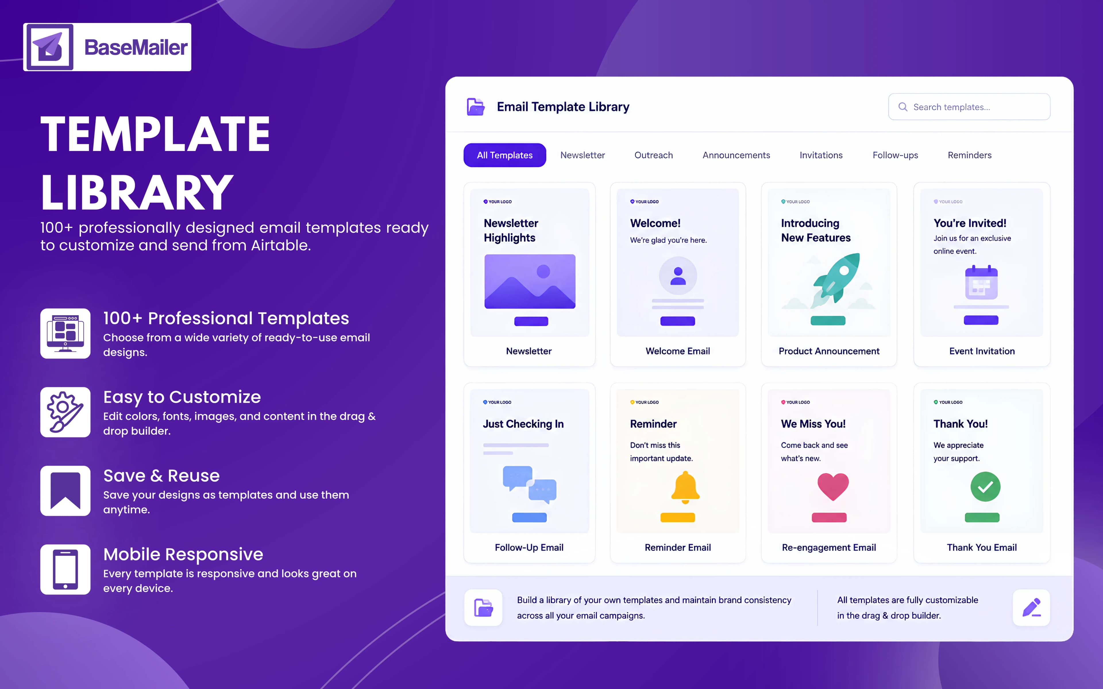 BaseMailer email template library inside Airtable with 100+ professionally designed templates by use case